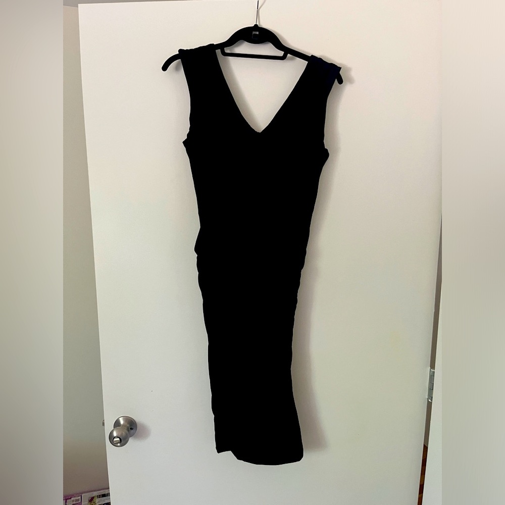 James Perse Ruched sleeveless midi v-neck black dress size 2 WBJ6557